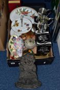 A 20TH CENTURY CAST IRON MRS PUNCH AND THE BABY DOORSTOP TOGETHER WITH A BOX OF CERAMICS, etc,