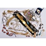 A BAG OF ASSORTED COSTUME JEWELLERY AND ITEMS, a gold plated gate bracelet fitted with a gold plated