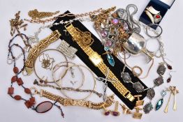 A BAG OF ASSORTED COSTUME JEWELLERY AND ITEMS, a gold plated gate bracelet fitted with a gold plated