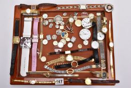 A TRAY OF VARIOUS WRISTWATCHES, MOVEMENTS ANDE PARTS, to include a quantity of ladies and gents