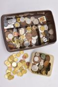 TWO SMALL BOXES OF WORLD COINS to include amounts of small Euro coins, Chinese Yen coinage, etc