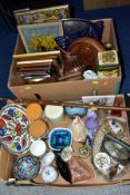 TWO BOXES OF CERAMICS, GLASSWARE, TREEN, METALWARE, etc, including a walking stick, Caithness