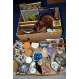 TWO BOXES OF CERAMICS, GLASSWARE, TREEN, METALWARE, etc, including a walking stick, Caithness