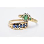 TWO 9CT GOLD RINGS, the first deigned with a row of five oval cut, claw set blue sapphires,