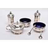 A FIVE PIECE GEORGIAN SILVER CONDIMENTS SETSSET, to include two salts each with a blue glass lining,