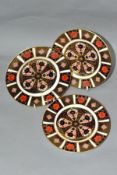 A SET OF THREE ROYAL CROWN DERBY IMARI 1128 PATTERN TEA PLATES, all first quality, printed marks,