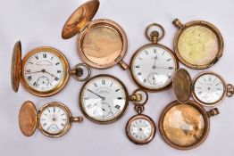 A BAG OF GOLD PLATED POCKET WATCHES AND CASES, to include six pocket watches, such as a 'Waltham'