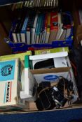 TWO BOXES AND LOOSE SUNDRY ITEMS, to include Zenit - E camera, boxed Minolta standard binoculars
