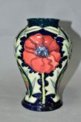 A MOORCROFT POTTERY BALUSTER VASE DECORATED WITH POPPIES, DESIGNED BY RACHEL BISHOP, on a blue
