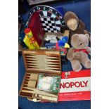 A BOX AND LOOSE OF TOYS AND GAMES, including a wooden cased backgammon set, a boxed Monopoly,