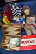 A BOX AND LOOSE OF TOYS AND GAMES, including a wooden cased backgammon set, a boxed Monopoly,