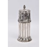 A GEORGE V SILVER SUGAR CASTER, column form, wavy openwork base, pierced cover with a ball finial,