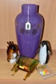 FOUR PIECES OF DECORATIVE GLASSWARE, comprising a 20thCentury purple baluster vase, cut to clear