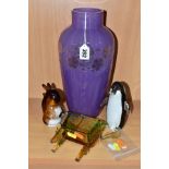 FOUR PIECES OF DECORATIVE GLASSWARE, comprising a 20thCentury purple baluster vase, cut to clear