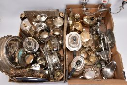 TWO BOXES OF ASSORTED METALWARE, to include pieces such as EPNS teapots, sugar bowls, tankards,