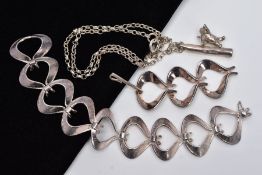 A SILVER PENDANT, BRACELET AND PENDANT NECKLACE, the bracelet of an openwork textured link design,