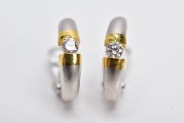 A PAIR OF 18CT WHITE GOLD, DIAMOND SET EARRINGS, each of a half hoop design, satin and gold