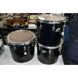 THREE LUDWIG CONCERT TOMS IN BLACK, comprising of a 12 inch x 10 inch, a 13 inch x 11 inch and a