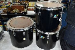 THREE LUDWIG CONCERT TOMS IN BLACK, comprising of a 12 inch x 10 inch, a 13 inch x 11 inch and a