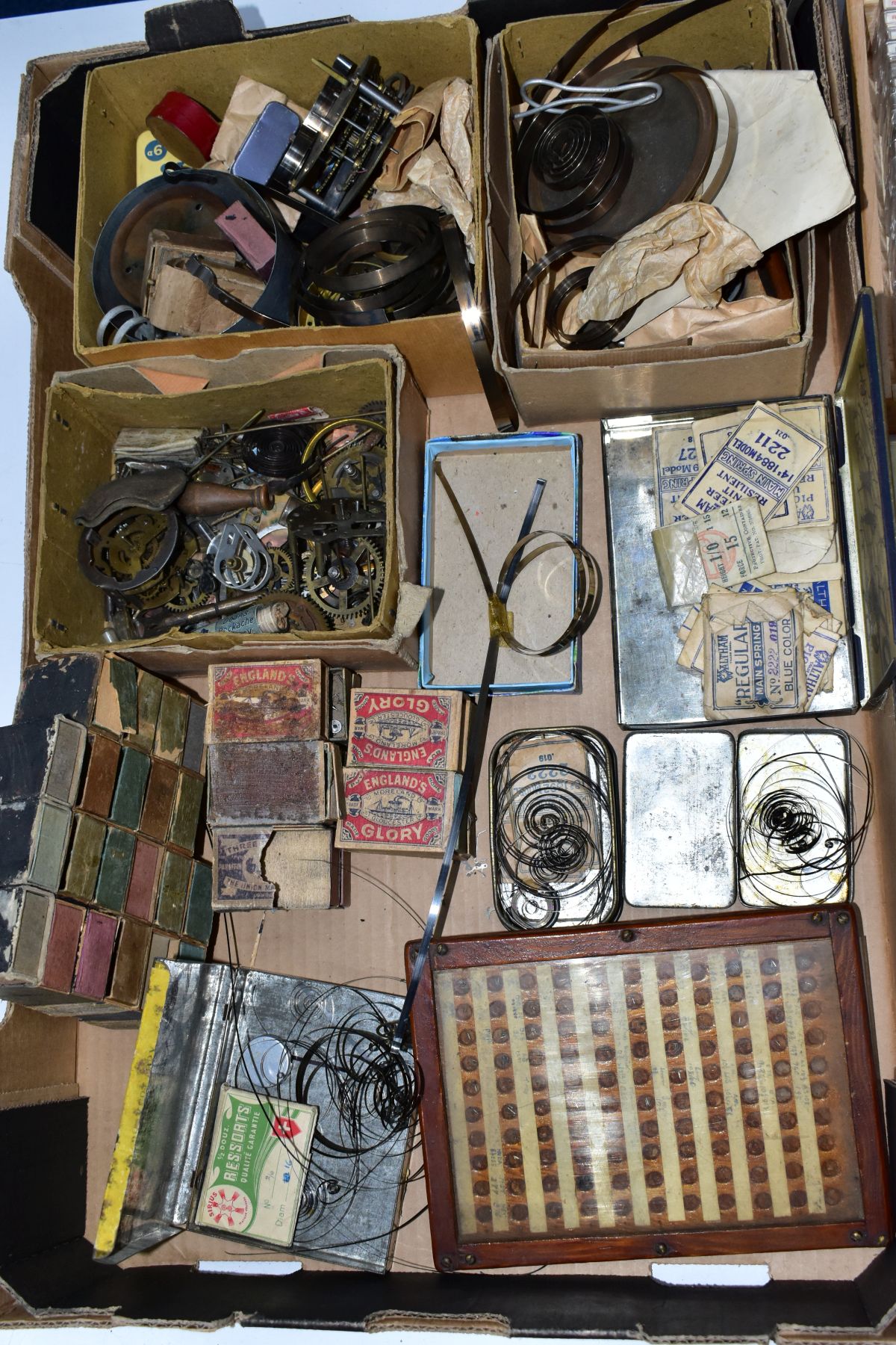 TWO BOXES OF ASSORTED WATCH MAKERS PARTS, GLASSES, COGS, SPRINGS, CROWNS, DECONSTTUCTED WATCH - Image 9 of 30