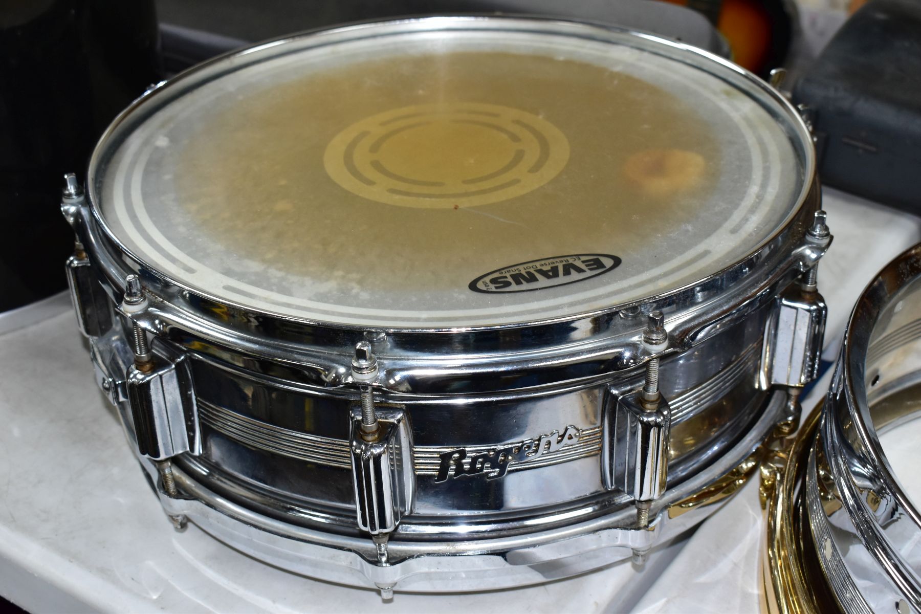 A VINTAGE ROGERS DYNASONIC 14 INCH X 5 INCH CHROMED SNARE DRUM, serial No. D07372 and a Rogers - Image 6 of 6