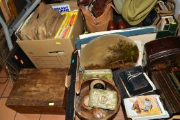 THREE BOXES OF TREEN, TINS, POSTCARDS, HANDBAGS, HATS, OS MAPS, PICTURES, ETC, including a