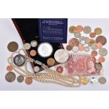 A BAG OF ASSORTED COINAGE AND IMITATION PEARL STRAND NECKLACE, to include a boxed Queen Elizabeth