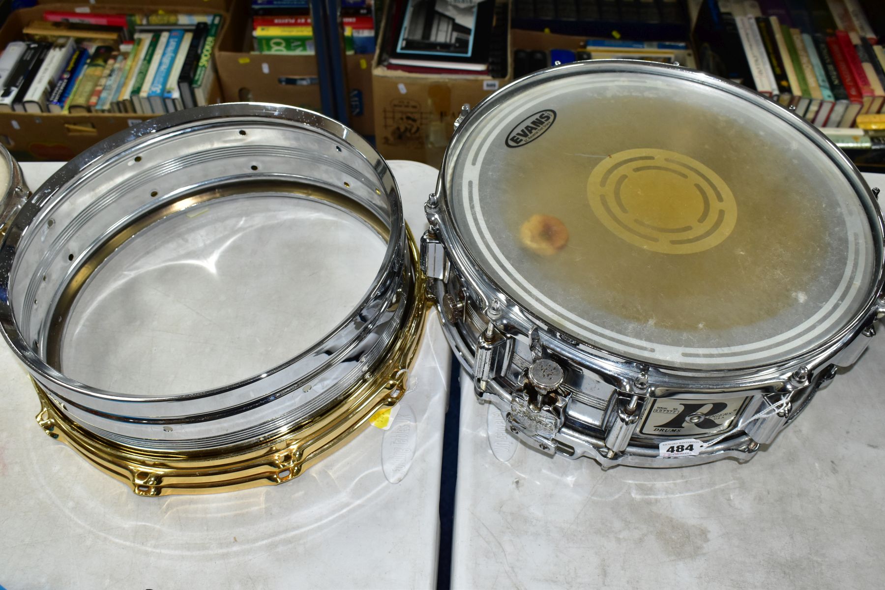 A VINTAGE ROGERS DYNASONIC 14 INCH X 5 INCH CHROMED SNARE DRUM, serial No. D07372 and a Rogers