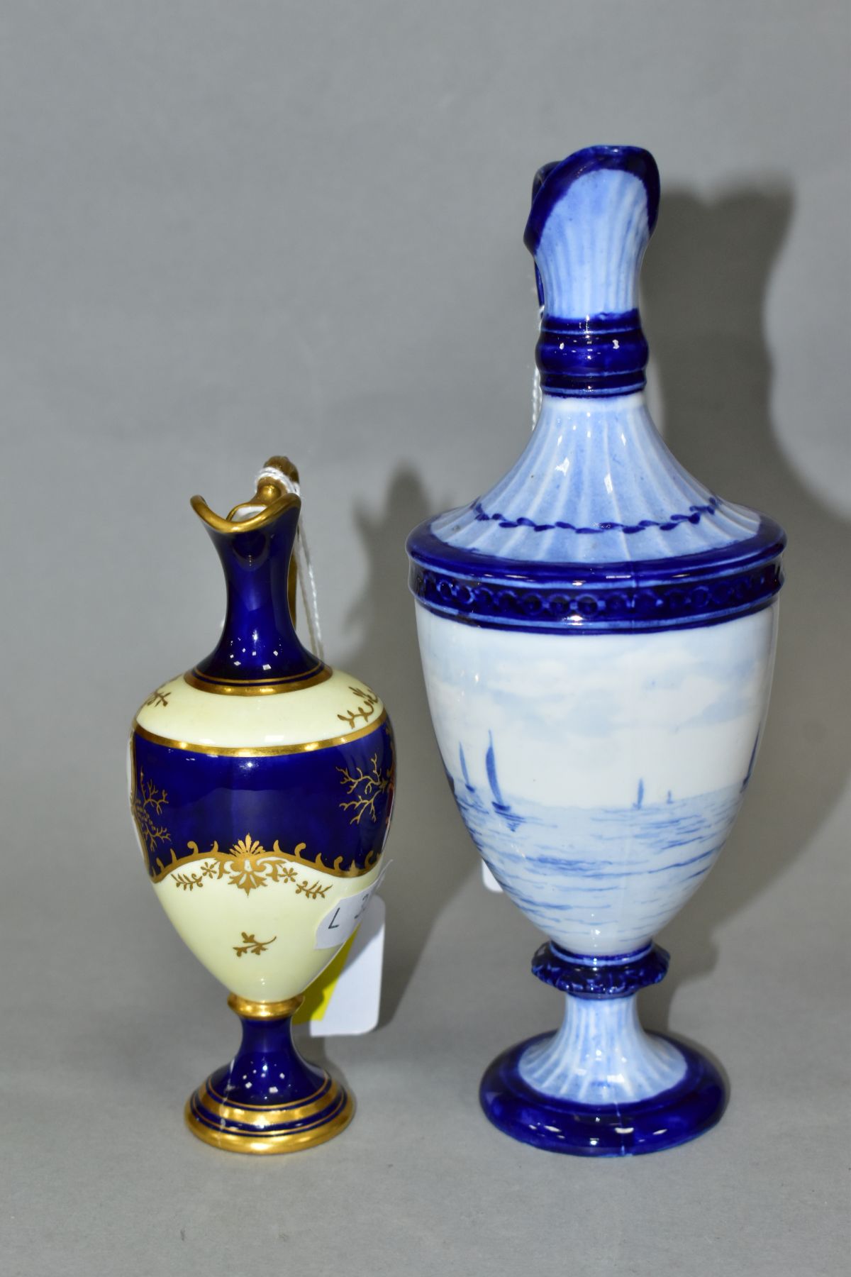 AN EARLY 20TH CENTURY COALPORT TOY EWER, blue and pale yellow ground with gilt detail and painted - Image 2 of 8