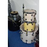 A PREMIER GENISTA THREE SHELL DRUM KIT, in Ermine white, comprising a 22inch x 16 inch kick, a 14