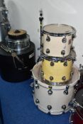 A PREMIER GENISTA THREE SHELL DRUM KIT, in Ermine white, comprising a 22inch x 16 inch kick, a 14