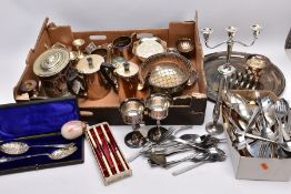 A BOX OF METALWARE, to include an 'Arthur Price' single flower vase EPNS teapot, coffee pot,