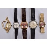 FIVE WRISTWATCHES, to include a gold plated, ladies watch with a round silver dial signed 'Oriosa'