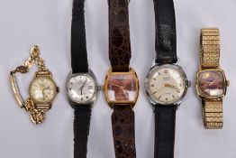 FIVE WRISTWATCHES, to include a gold plated, ladies watch with a round silver dial signed 'Oriosa'