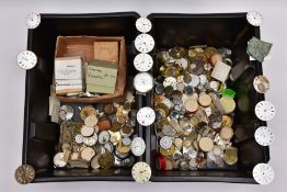 TWO PLASTIC TUBS OF WATCH DIALS AND MOVEMENTS, AF, a quantity of pocket watch movements with names