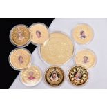 ASSORTED GOLD PLATED COMMEMORATIVE COINS, to include eight 2015 coins, each depicting Queen