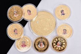 ASSORTED GOLD PLATED COMMEMORATIVE COINS, to include eight 2015 coins, each depicting Queen