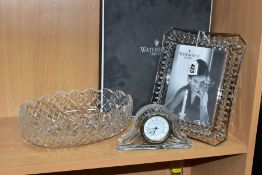 THREE PIECES OF WATERFORD CRYSTAL, comprising a boxed Lismore 7'' x 5'' photograph frame, a domed