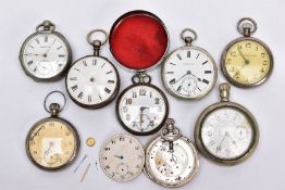 A BOX OF ASSORTED POCKET WATCHES, to include a silver pocket watch with a worn engine turn design,