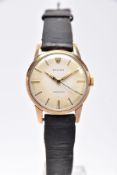 A GENTS 9CT GOLD 'ROLEX' PRECISION WRISTWATCH, hand wound movement, round discoloured cream dial,
