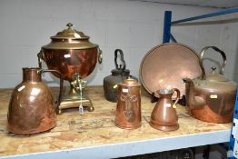 COPPER AND BRASS, comprising a samovar, approximate height 42cm, copper tray stamped Birmingham