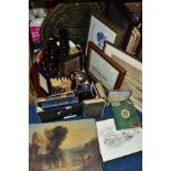 A BOX OF BOOKS, CASED FISH EATERS, CARVED TRIBAL BUST CANDLESTICKS, PAINTINGS AND PRINTS, etc,