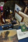 A BOX OF BOOKS, CASED FISH EATERS, CARVED TRIBAL BUST CANDLESTICKS, PAINTINGS AND PRINTS, etc,