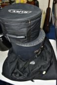 VARIOUS CASES/BAGS, comprising Mapex padded tom bag, a 'drum Sack', a 'Kingsman' 18inch floorware