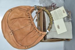 A LADIES LIGHT BROWN LEATHER HANDBAG WITH DECORATIVE HANDLE, together with a boxed pair of ladies