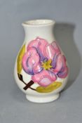 A SMALL MOORCROFT POTTERY BALUSTER VASE DECORATED IN PINK MAGNOLIA, on a cream ground, impressed and