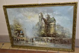 BURNETT (20TH CENTURY) A PARISIAN CITYSCAPE, featuring a cathedral with figures to the foreground,