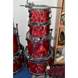 A 1962 ROGERS FOUR SHELL DRUM KIT, refinished in Gretsch Satin Flame covering comprising a 22inch