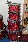 A 1962 ROGERS FOUR SHELL DRUM KIT, refinished in Gretsch Satin Flame covering comprising a 22inch