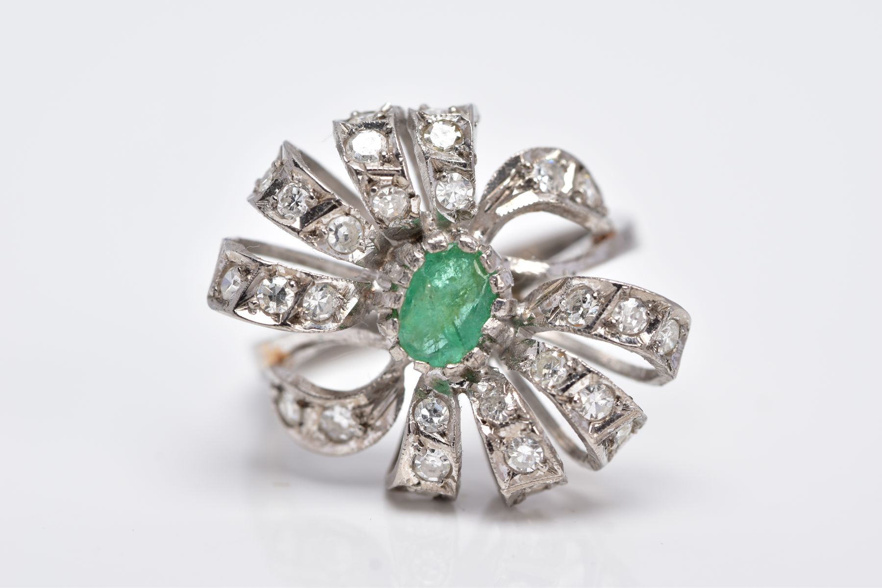 A WHITE METAL EMERALD AND DIAMOND RING, set with a central oval cut emerald (internal fracture - Image 10 of 10